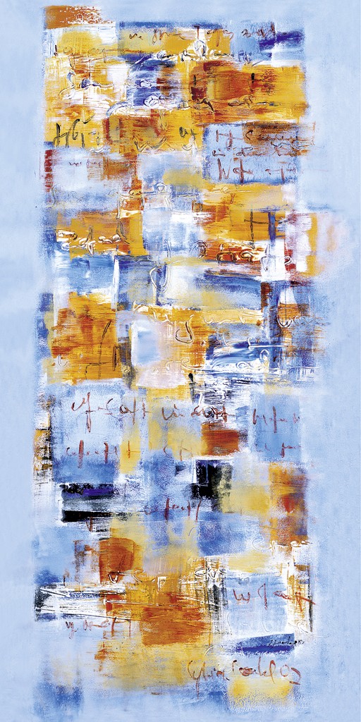 Sylvia Goebel, Blue Skript (Abstrakte Malerei, Abstrakte Kunst, Spachteltechnik, Wischspuren, geometrische Muster, modern, Wohnzimmer, Büro, Business, bunt)
