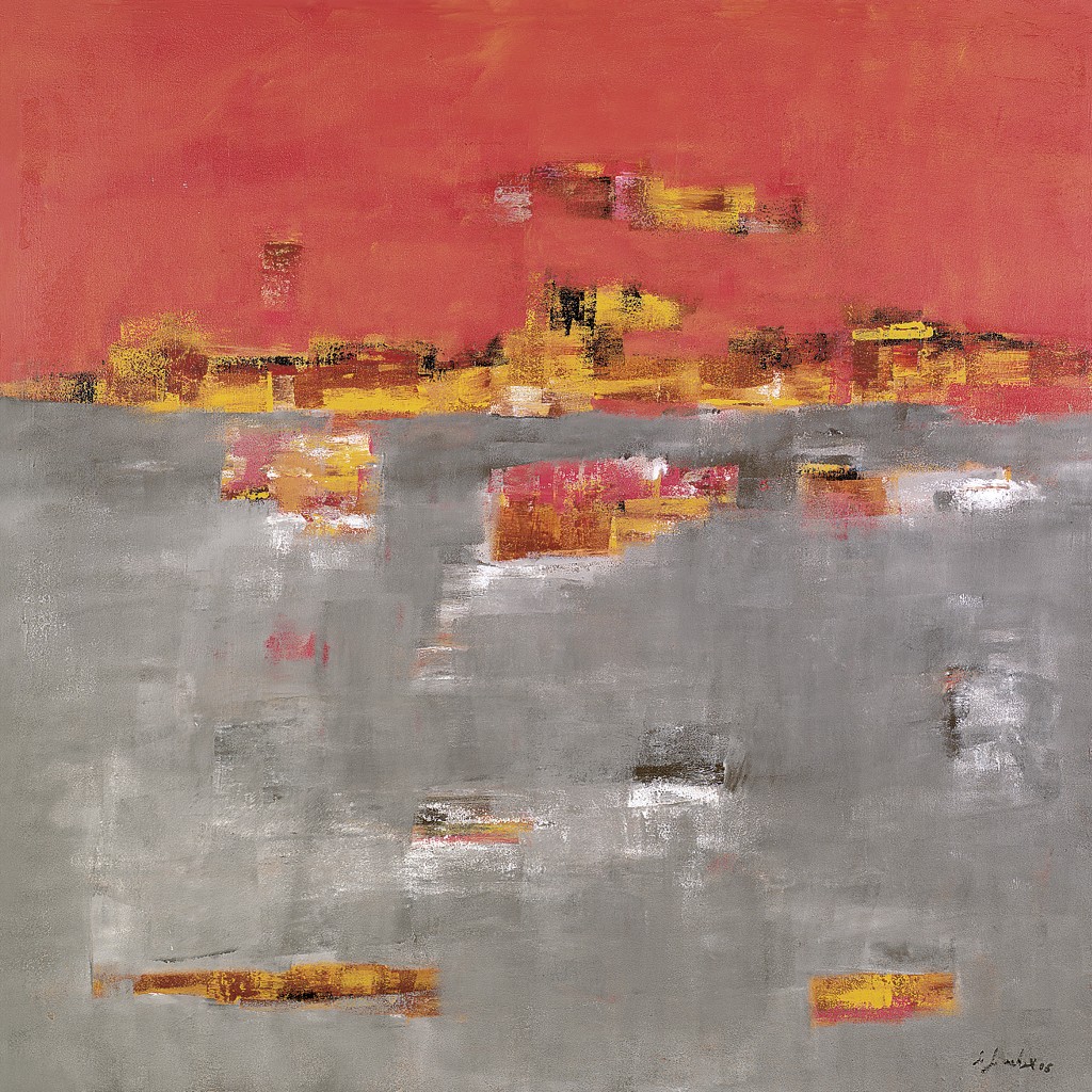 Sylvia Goebel, Zula II (Abstrakte Malerei, Abstrakte Kunst, Farbspuren, Farbfelder, abstrakte Elemente, modern, Wohnzimmer, Büro, Business, rot/grau)