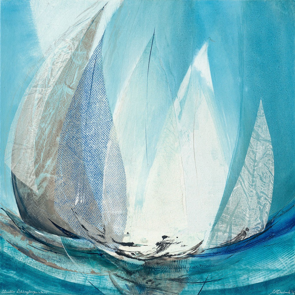 Jorgen Habedank, Schnelles Lichtsegelquintett (Abstrakt, Abstrakte Malerei, Segelboote, Meer, Wellen, abstrakte Muster, Bewegung, Dynamik, Transparenz, modern, zeitgenössisch, Wohnzimmer, Büro, Business, Blau/weiß)