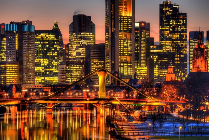 Hady Khandani, HDR - CLOSE-UP OF FRANKFURT SKYLINE DURING NIGHTFALL - GERMANY