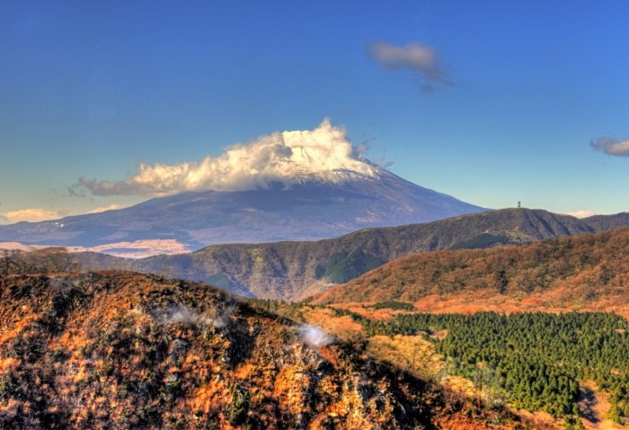 Hady Khandani, HDR - MOUNT FUJI VIEW FROM HAKONE OWAKUDANI - JAPAN 1 (Landschaft, Hügel, Berge, Fujijama, Fotografie, Japan, Treppenhaus, Wohnzimmer, Wunschgröße, bunt)