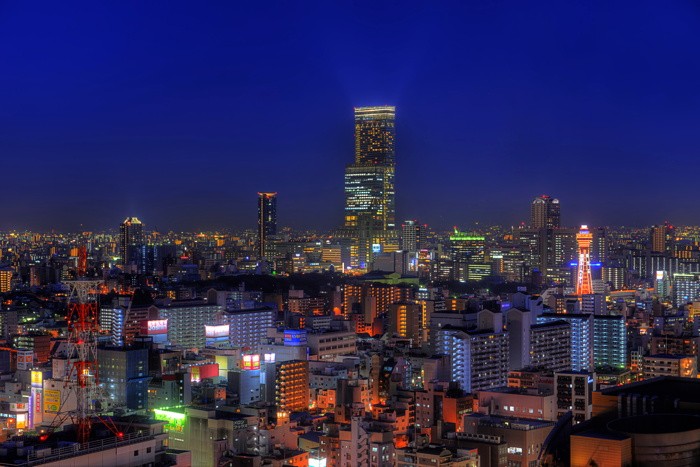 Hady Khandani, HDR - NIGHT VIEW OVER OSAKA 2 (Großstadt, Japan, Luftbild, Nachtszene, Skyline, Städte, Fotografie, Treppenhaus, Wohnzimmer, Wunschgröße, bunt)