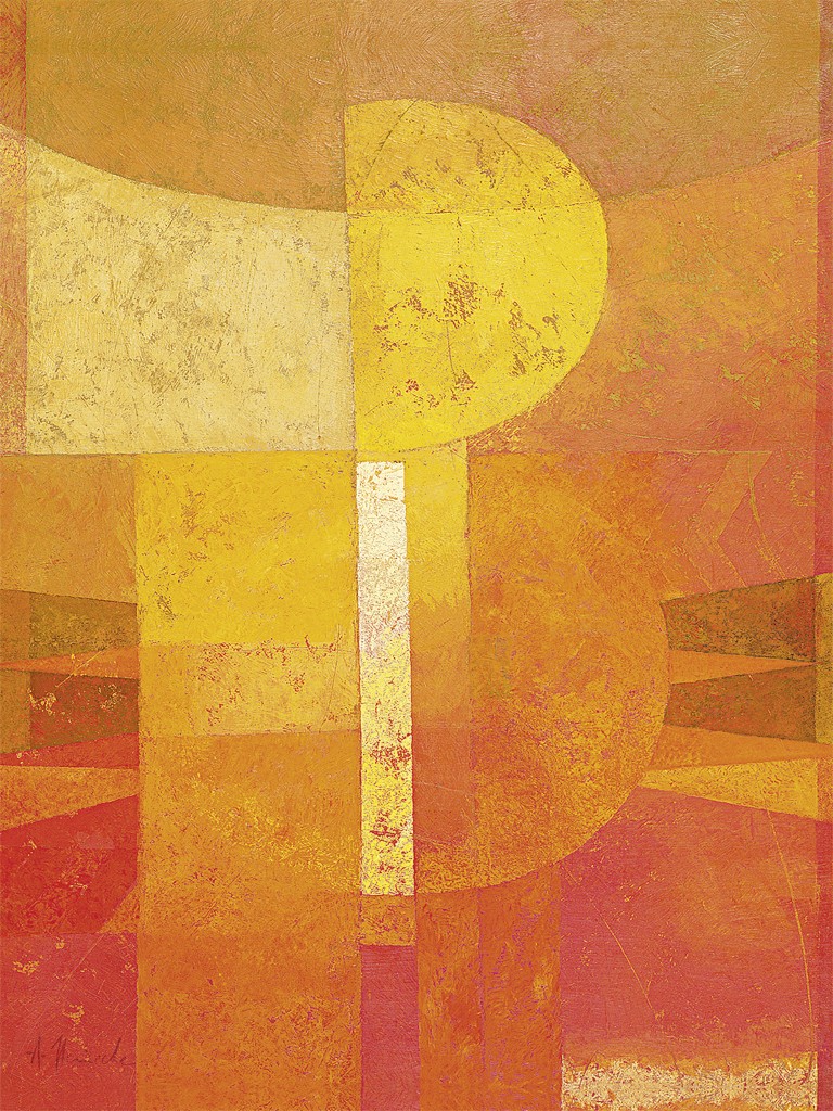Astrid Heinecke, Vuelta Nueva (Abstrakt, abstrakte Malerei, Moderne, abstrakte Muster, geometrische Formen,  Farbfelder, Wohnzimmer, Büro, gelb/rot)