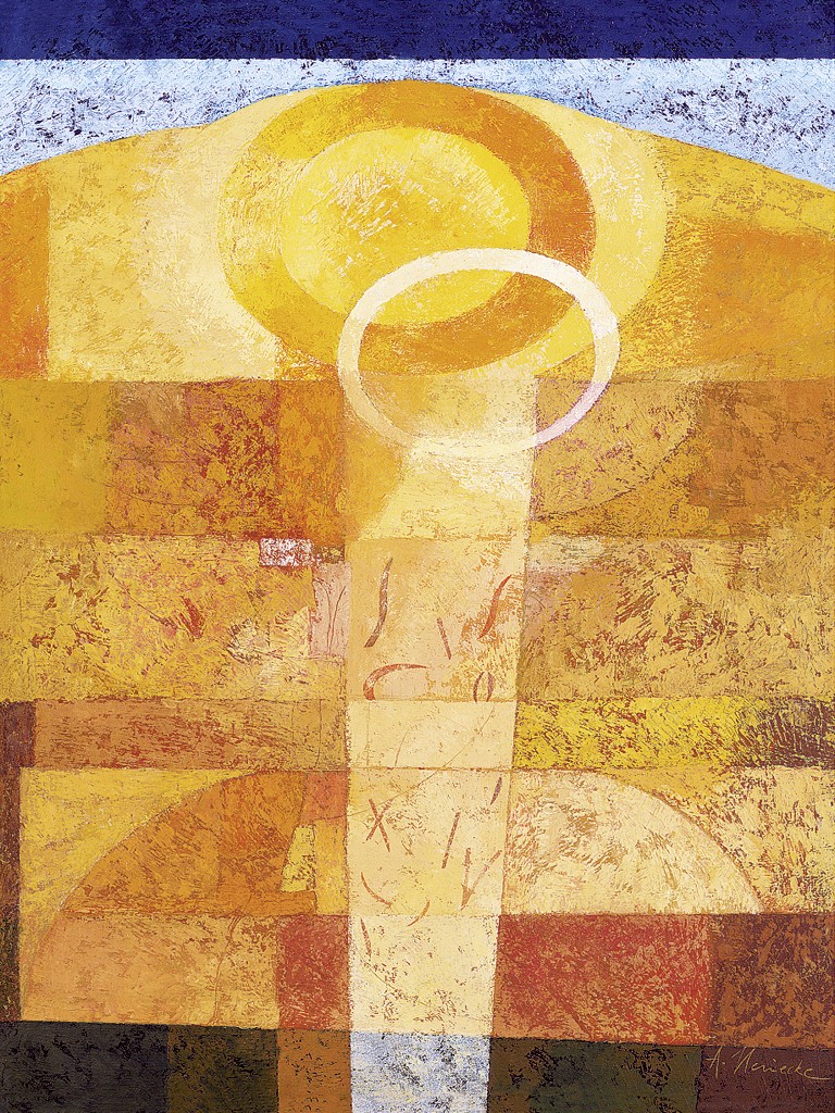 Astrid Heinecke, Signo (Abstrakt, abstrakte Malerei, Moderne, abstrakte Muster, geometrische Formen,  Farbfelder, Wohnzimmer, Büro, gelb/rot)