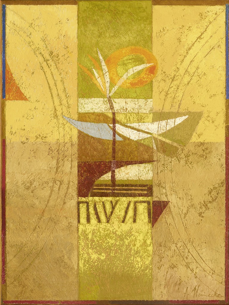 Astrid Heinecke, Luego (Abstrakt, abstrakte Malerei, Moderne, florale Muster, geometrische Formen,  Farbfelder, Wohnzimmer, Büro, gold)
