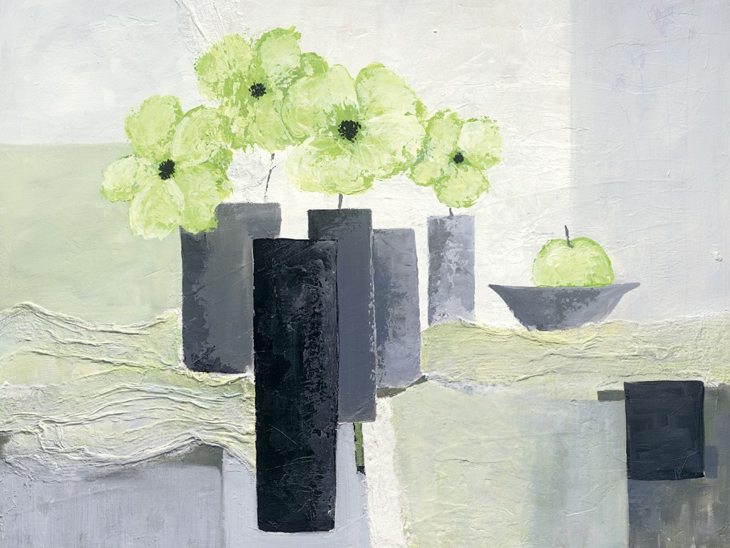 Ruby Henning, Green Spirit (Blumenvase, Blumen, Blüten, Stillleben, moderne Malerei, dekorativ, zeitgenössisch, Wohnzimmer, Schlafzimmer, Treppenhaus, grau/grün)