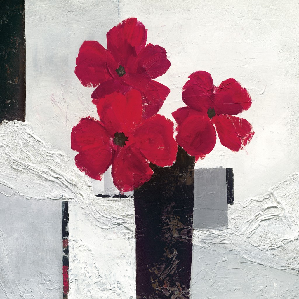 Ruby Henning, Red Flower Composition (Blumenvase, Blumen, Blüten, Stillleben, moderne Malerei, dekorativ, zeitgenössisch, Wohnzimmer, Schlafzimmer, Treppenhaus, grau/rot)