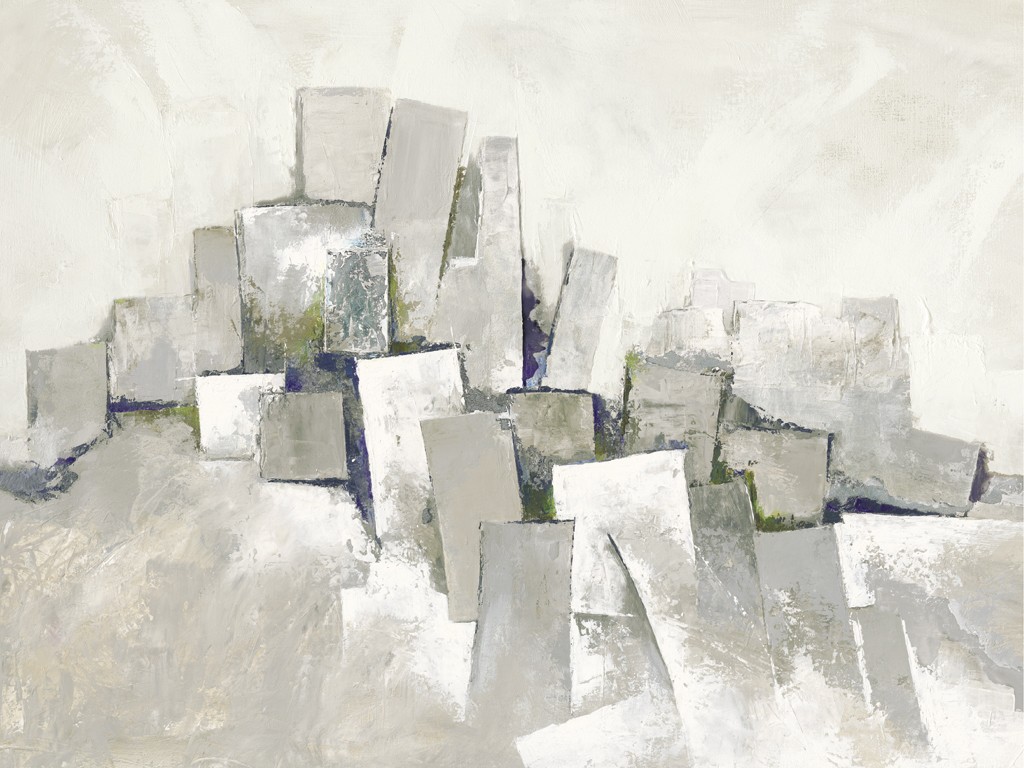 Ruby Henning, Shades Of Grey (Stadt, Gebäude, Häuser, abstrahiert, abstrakte Malerei, Durcheinander, zeitgenössisch, Wohnzimmer, Schlafzimmer, Treppenhaus, grau)