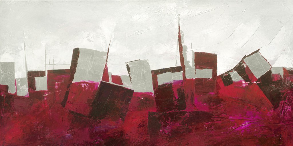 Ruby Henning, City Chic (Stadt, Gebäude, abstrahiert, abstrakte Malerei, Durcheinander, zeitgenössisch, Wohnzimmer, Schlafzimmer, Treppenhaus, grau/rot)