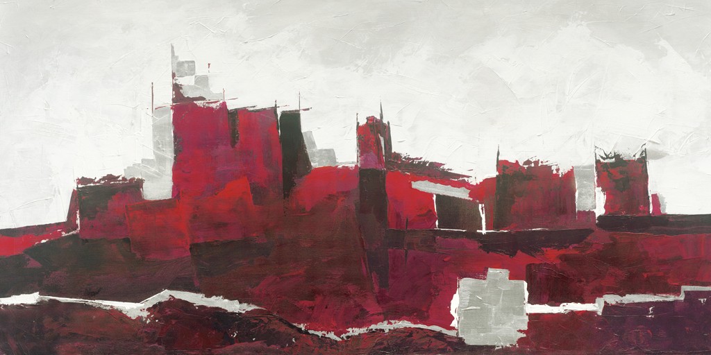 Ruby Henning, The Monument (Stadt, Gebäude, Monumente, abstrahiert, abstrakte Malerei, Durcheinander, zeitgenössisch, Wohnzimmer, Schlafzimmer, Treppenhaus, grau/rot)