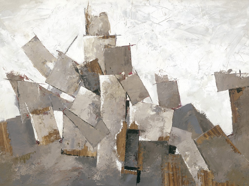 Ruby Henning, The Woodwork  (Stadt, Gebäude, Häuser, gestapelt, abstrahiert, abstrakte Malerei, Durcheinander, zeitgenössisch, Wohnzimmer, Schlafzimmer, Treppenhaus, grau/braun)