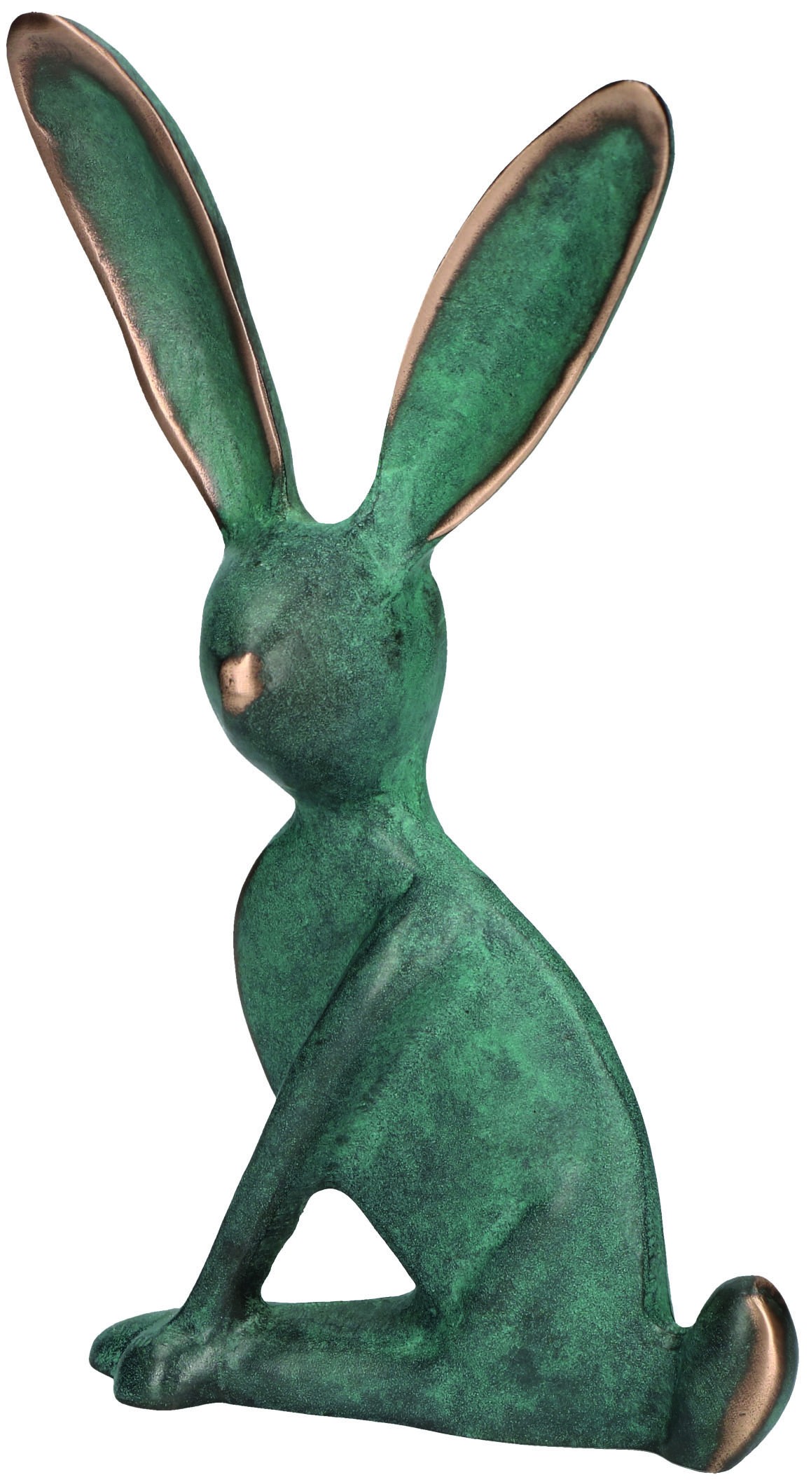 Raimund Schmelter, Hase, 16 x 11 x 5cm (Hase, sitzender Hase, Hasenohren, Löffel, stilisiert, reduziert, Tiere, Skulptur, Bronze, Metall, Plastik,  Wohnzimmer,  Patina, bronzefarben)