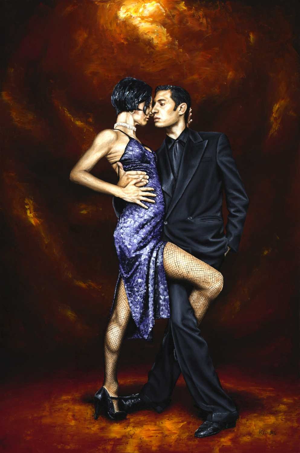 Richard Young, Held in tango (Tanzpaar, Tango, erotisch, emotional, Tanz, Frau, Mann, Malerei, zeitgenössischer Realismus, Wohnzimmer, Wunschgröße, bunt)
