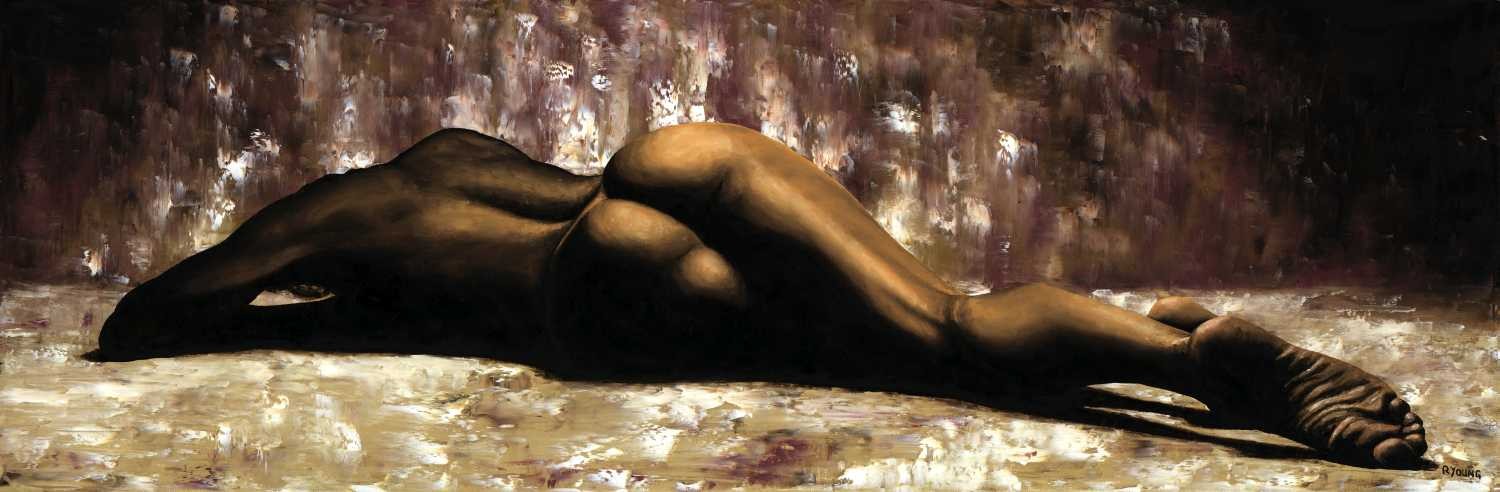 Richard Young, Humility (Erotik, Sinnlich, Aktmalerei, Rückenakt, Liegende Frau, Malerei, zeitgenössischer Realismus, Wohnzimmer, Schlafzimmer, Wunschgröße,)
