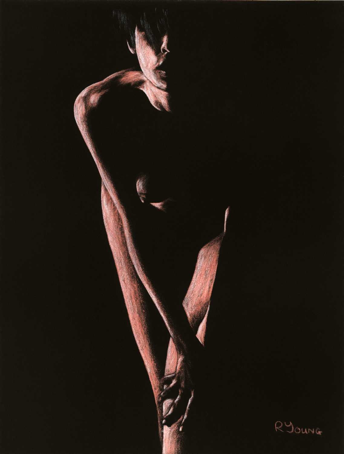Richard Young, Huntress (Erotik, Sinnlich, Aktmalerei, Brüste, Frau, Malerei, zeitgenössischer Realismus, Wohnzimmer, Schlafzimmer, Wunschgröße,schwarz/braun)