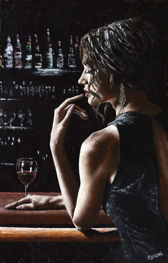 Konfiguration benutzen (Frau, erotisch, Diva, Eleganz, Rotwein, Nachtszene, Malerei, zeitgenössischer Realismus, Wohnzimmer, Bar, Esszimmer, Wunschgröße, bunt)