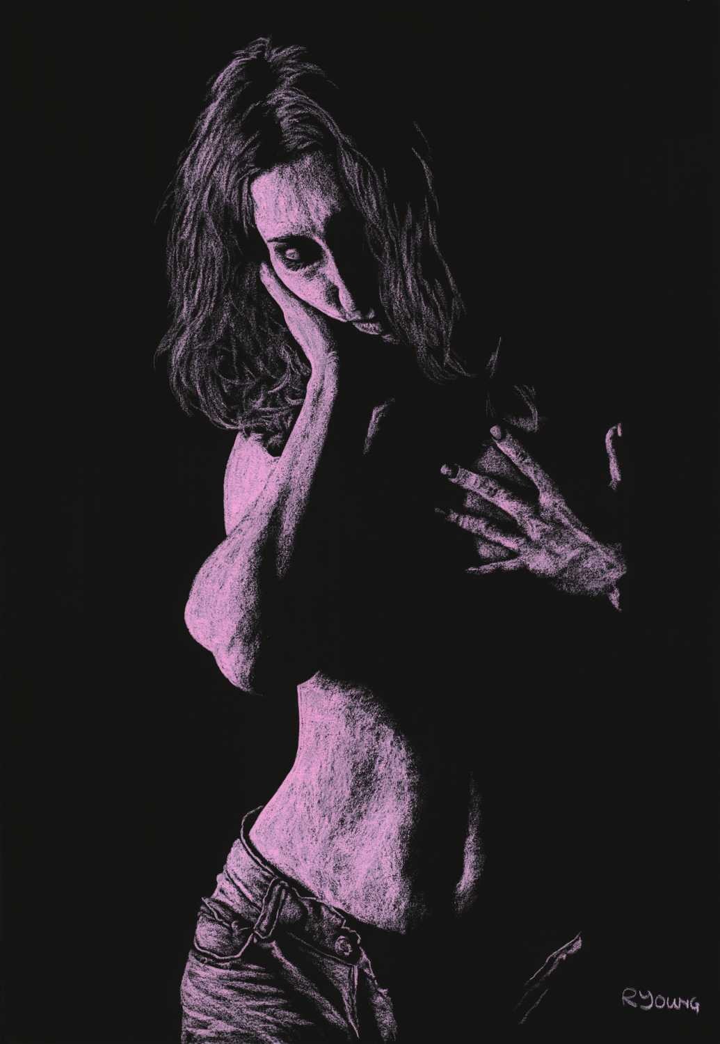Richard Young, Inconsolable a (Erotik, Sinnlich, Aktmalerei, Brüste, lasziv, Frau, Malerei, zeitgenössischer Realismus, Wohnzimmer, Schlafzimmer, Wunschgröße,schwarz/rosa)
