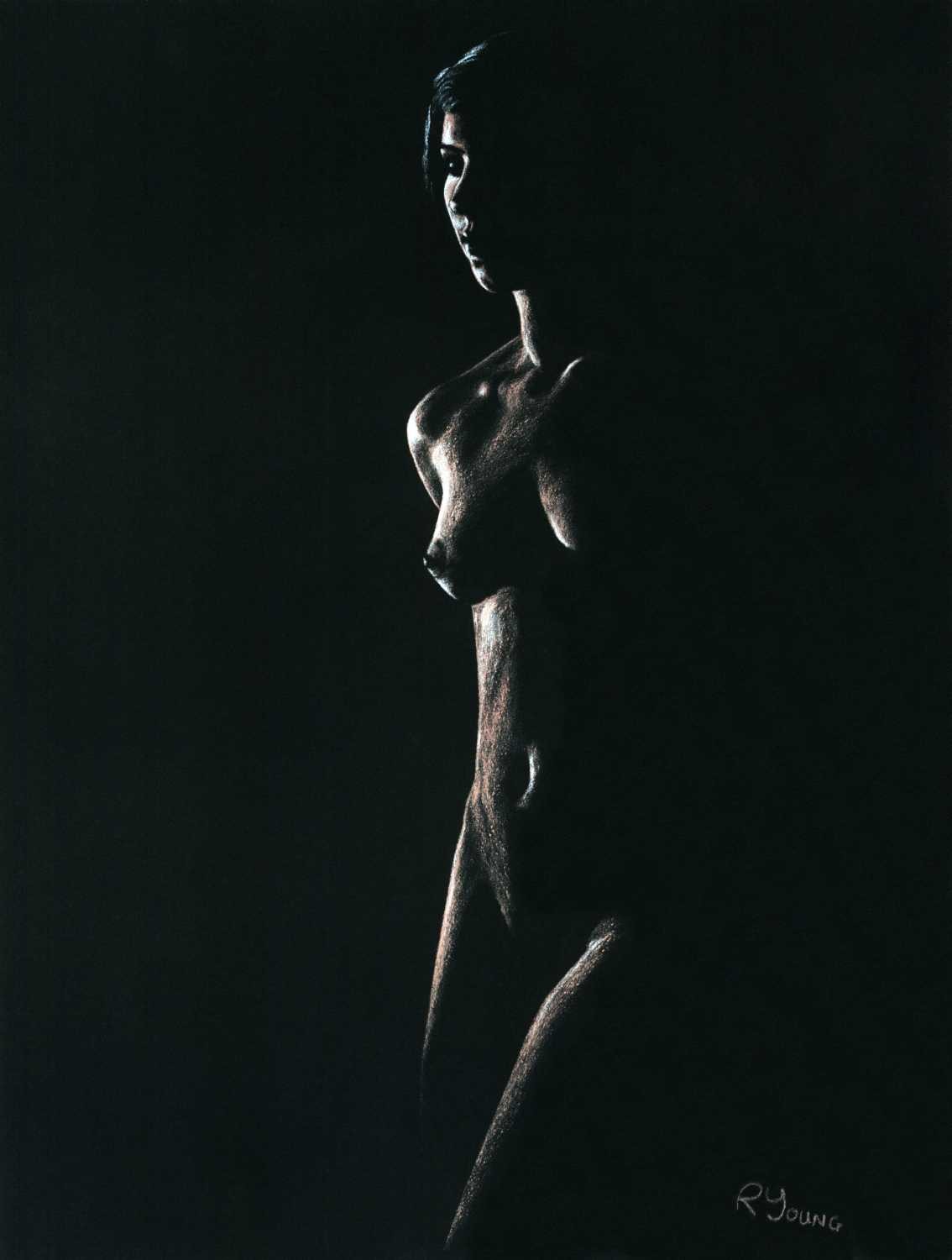 Richard Young, Innocence (Erotik, Sinnlich, Aktmalerei, Brüste, lasziv, Frau, Malerei, zeitgenössischer Realismus, Wohnzimmer, Schlafzimmer, Wunschgröße,schwarz/weiß)