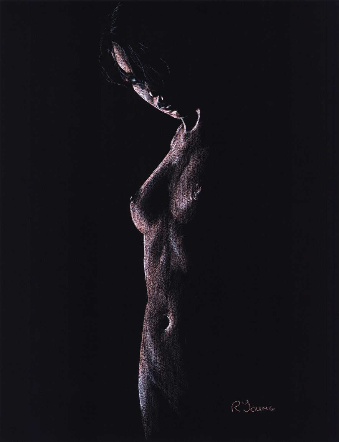 Richard Young, Insatiable (Erotik, Sinnlich, Aktmalerei, Brüste, lasziv, Frau, Malerei, zeitgenössischer Realismus, Wohnzimmer, Schlafzimmer, Wunschgröße,schwarz/weiß)