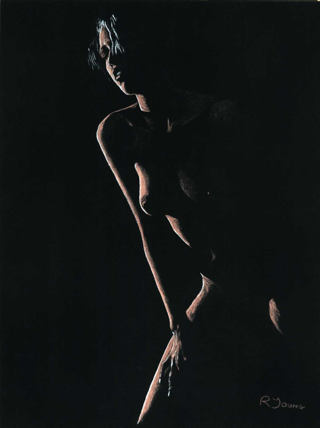 Richard Young, Infatuation (Erotik, Sinnlich, Aktmalerei, Brüste, lasziv, Frau, Malerei, zeitgenössischer Realismus, Wohnzimmer, Schlafzimmer, Wunschgröße,schwarz/braun)
