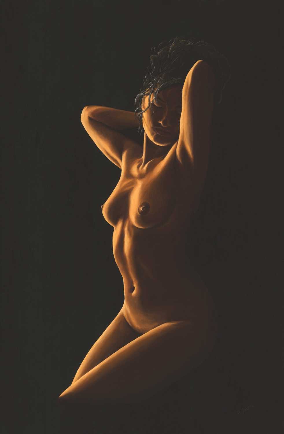 Richard Young, Jezebel (Erotik, Sinnlich, Aktmalerei, nackte Frau, lasziv, Malerei, zeitgenössischer Realismus, Wohnzimmer, Schlafzimmer, Wunschgröße,bunt)