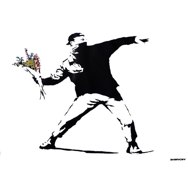Banksy, Graffiti Throwing Flowers (Streetart, Graffiti, Sprüher,  Guerilla, Blumenwerfer, Sozialkritisch, Wandmalerei, modern, zeitgenössisch, Jugendzimmer, Wohnzimmer, schwarz/weiß/bunt)