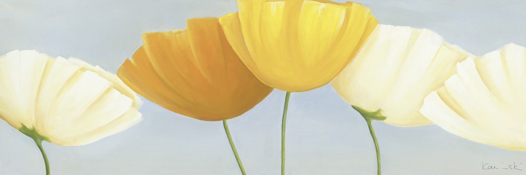 Sonja Kaminski, Five In A Row (Blumen, Blüten, Mohn, Floral, Wohnzimmer, Esszimmer, Malerei, gelb, weiß)