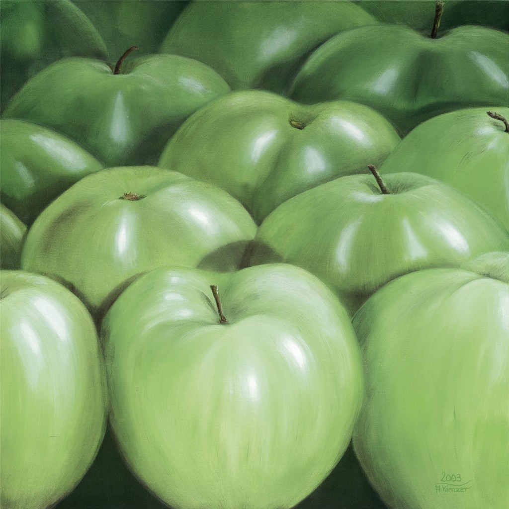 Angela Krenzer, ... und morgen gibt es Apfelmus (Äpfel, grüne Äpfel, Granny, knackig, frisch, Obst, Früchte,  Malerei, naturalistisch, Esszimmer, Wohnzimmer, bunt)
