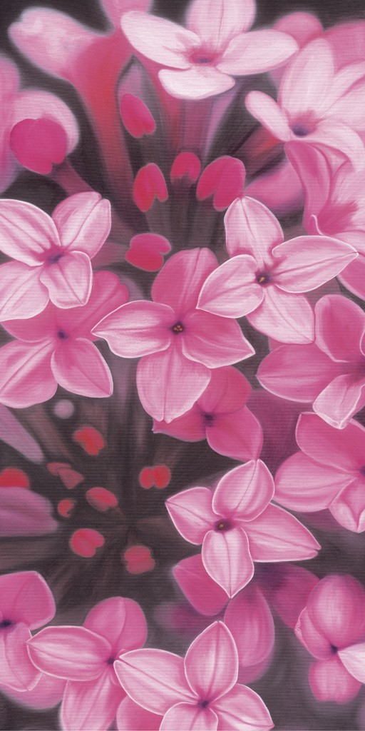 Angela Krenzer, Daphne (Blumen, Blüten, Echter Seidelbast, Malerei, naturalistisch, Treppenhaus, Wohnzimmer, bunt)