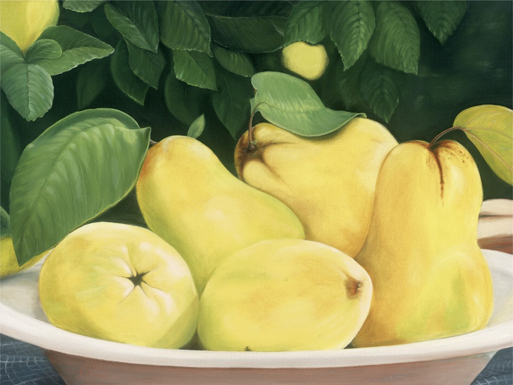 Angela Krenzer, Birnenquitte (Birnen, Quitten, Obst, Früchte, Teller, Stillleben Malerei, naturalistisch, Esszimmer, Wohnzimmer, bunt)