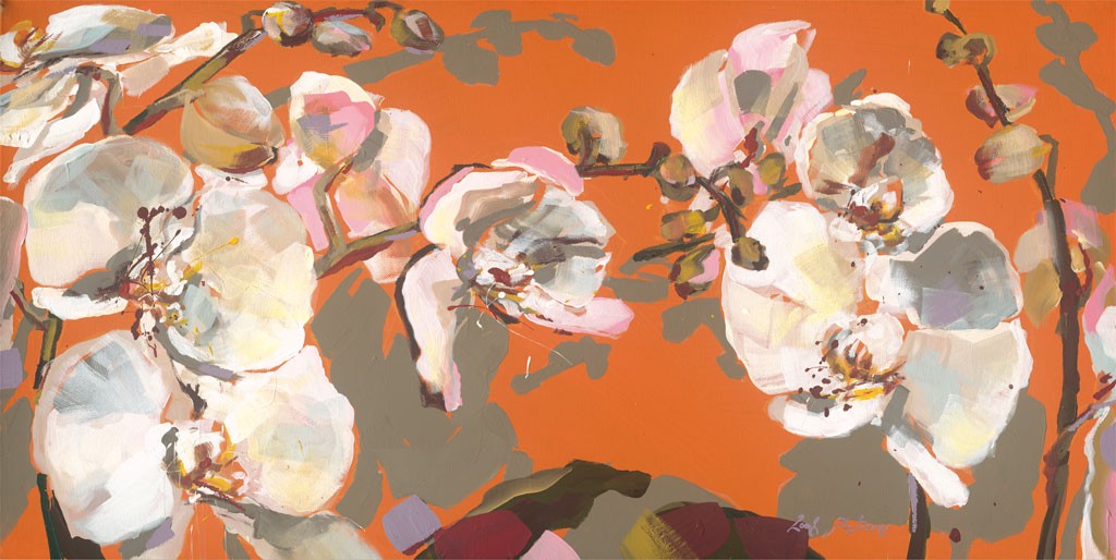 Daniela Lüers, Orchideen (Blumen, Blüten, Orchideen, zeitgenössische Malerei, leuchten, Licht, Treppenhaus, Wohnzimmer, Esszimmer, bunt)