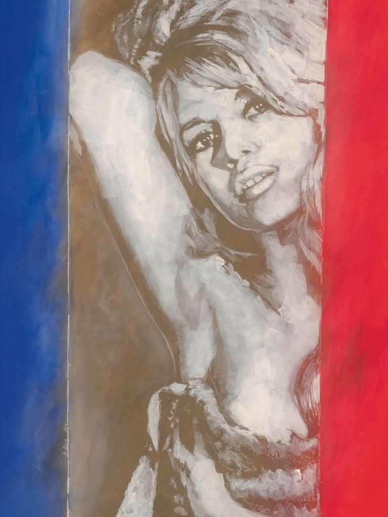 Daniela Lüers, Blond III (Brigitte Bardot, Portrait, Studie, lasziv, Verführung, französische Flagge, Filmikone, modern, zeitgenössische Malerei, Treppenhaus, Wohnzimmer, gold/beige)