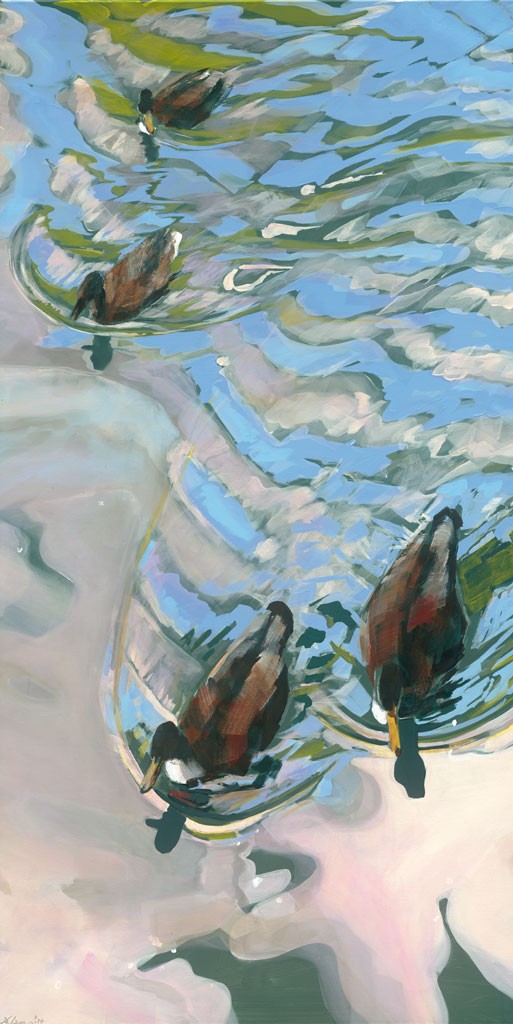 Daniela Lüers, Wasserglitzern (Enten, Wasservögel,  Wasser, Wolkenspiegelungen, Bewegungen, Wellen, modern, zeitgenössische Malerei, Treppenhaus, Wohnzimmer, bunt)