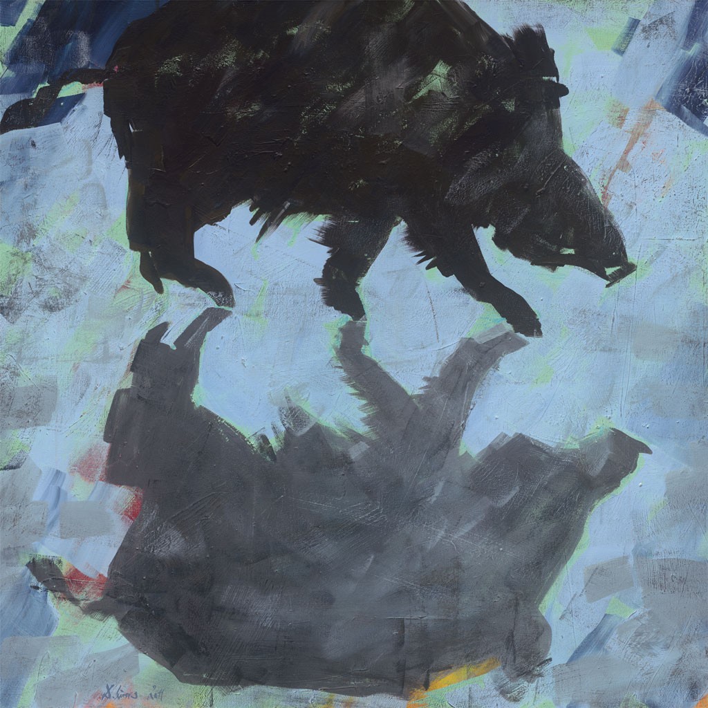 Daniela Lüers, Mondschein-Schwein (Wildschwein, Schwarzkittel, Tier, Mondlicht, Nachtszene, zeitgenössische Malerei, Treppenhaus, Wohnzimmer, Jagdzimmer, blau/grau)