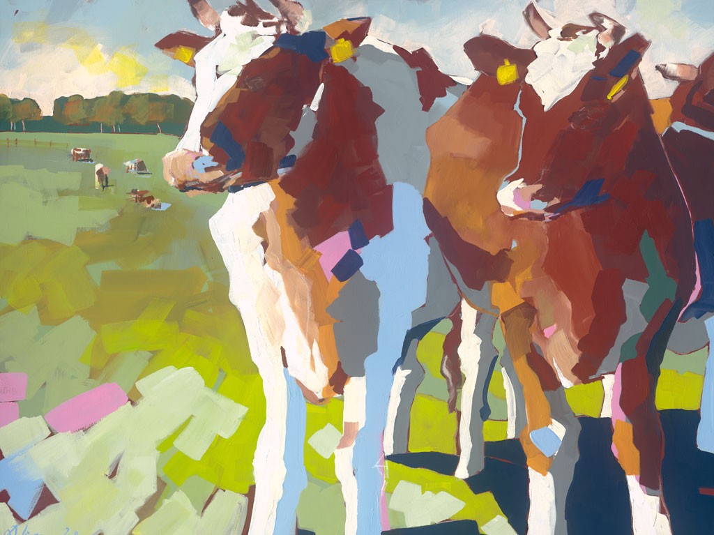 Daniela Lüers, Kühe (Kühe, Braunbunte, Tiere, Nutztiere, modern, zeitgenössische Malerei, Treppenhaus, Wohnzimmer, bunt)