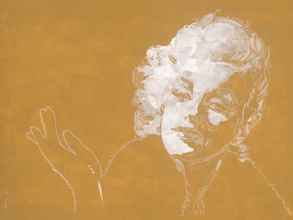 Daniela Lüers, Blond I (Marilyn Monroe, Portrait, Studie, Filmikone, modern, zeitgenössische Malerei, Treppenhaus, Wohnzimmer, gold/beige)