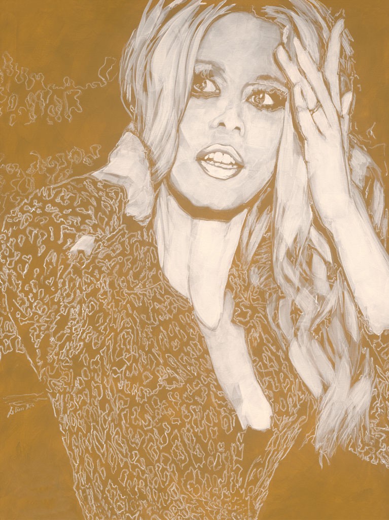 Daniela Lüers, Blond II (Brigitte Bardot, Portrait, Studie, Filmikone, modern, zeitgenössische Malerei, Treppenhaus, Wohnzimmer, gold/beige)