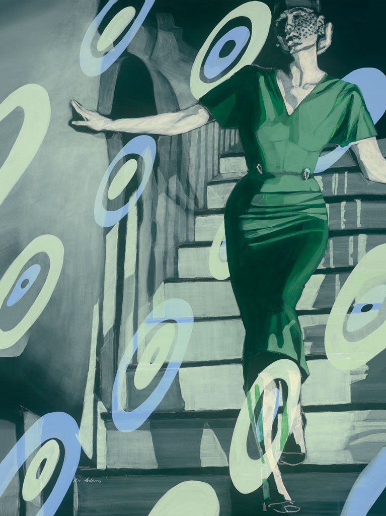 Daniela Lüers, Balance (Frau, Treppe, Eleganz, Taille, abstrakte Ornamente, Kreis, Kringel, modern, zeitgenössische Malerei, Treppenhaus, Wohnzimmer, bunt)