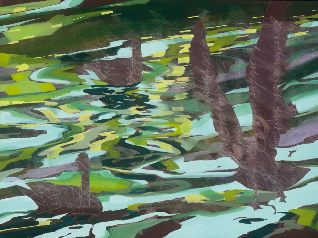 Daniela Lüers, Möwen in Bewegung II (Möwen, Wasservögel, Kalligrafie, Wasser, Abtauchen, Bewegungen, Wasserkreise, modern, zeitgenössische Malerei, Treppenhaus, Wohnzimmer, bunt)