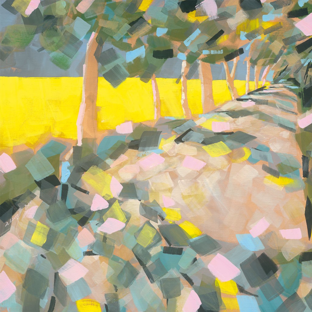 Daniela Lüers, Allee im Frühling (Landschaften, Felder, Rapsfeld,  Bäume, Allee, Baumreihe, Jahreszeit, abstrahiert, figurativ, modern, zeitgenössische Malerei, Treppenhaus, Wohnzimmer, bunt)