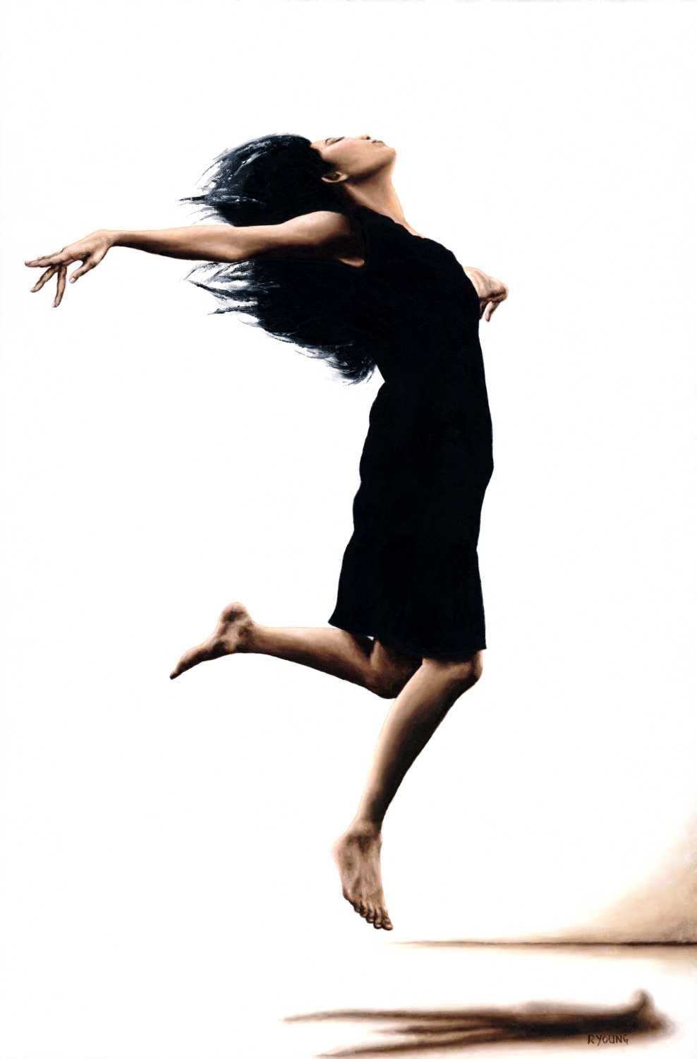 Richard Young, Leap Into the Unknown (Ausdruckstanz, Ballett, Tänzerin, Tanz, Frau, Energie, Malerei, zeitgenössischer Realismus, Wohnzimmer,  Wunschgröße, bunt)
