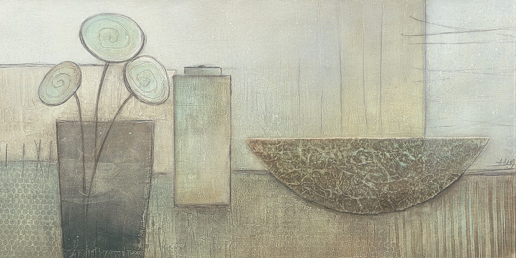 Angelika Metten, Umbrien Still I (Vase, Blumen, Schale, Tisch, Stillleben, stilisiert, reduziert, modern, dekorativ, Wohnzimmer, Esszimmer, Malerei, bunt)