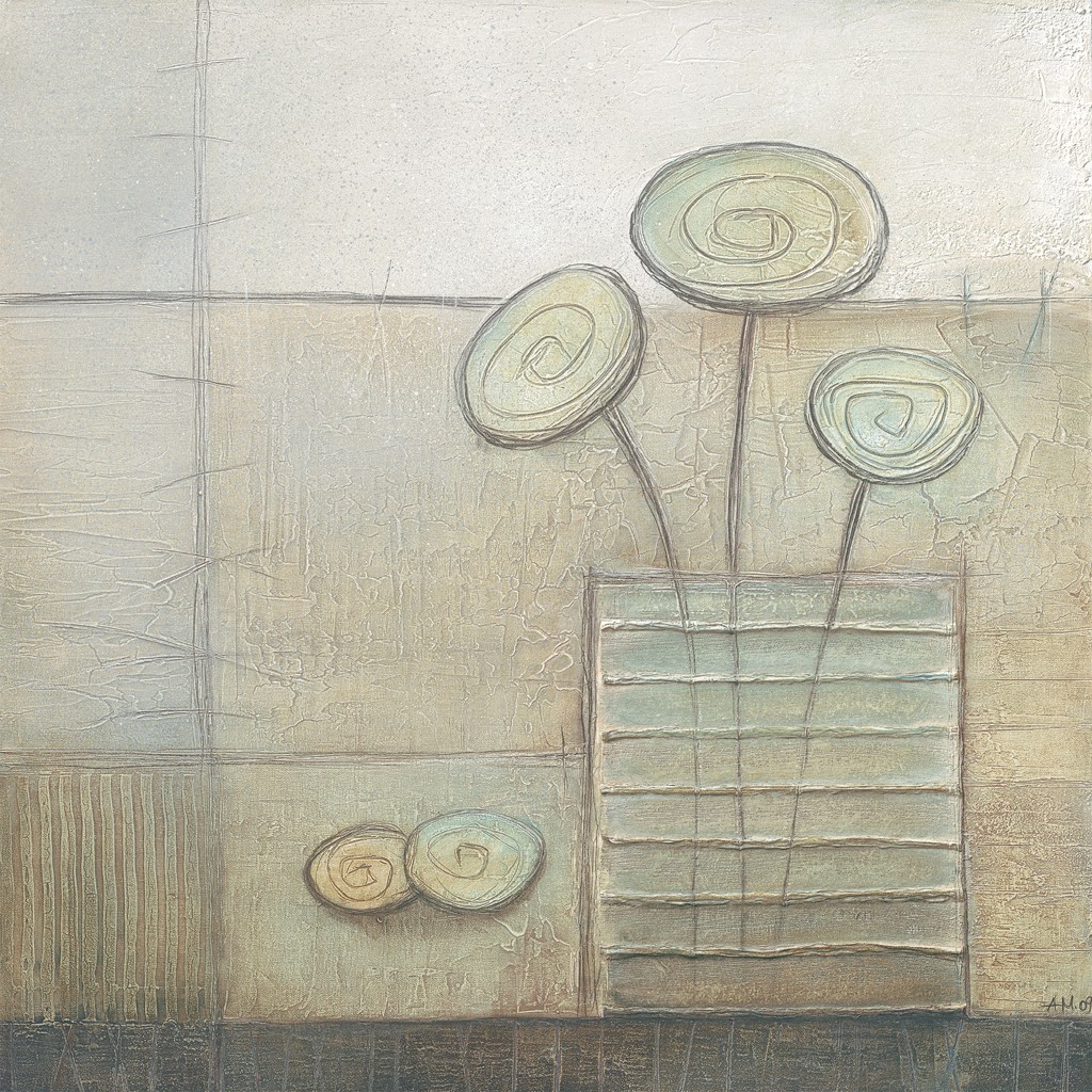 Angelika Metten, Umbrien Still II (Vase, Blumen,  Tisch, Stillleben, stilisiert, abstrahiert, modern, dekorativ, Wohnzimmer, Esszimmer, Malerei, bunt)