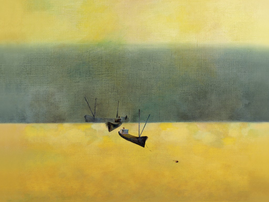 Felipe Mercadal, Sunset In Autumn (Abstrakt, Malerei , Horizontale, Streifen, Balken,Strand, Boote, Herbst, modern, Wohnzimmer, Treppenhaus, Büro, gold/grau)