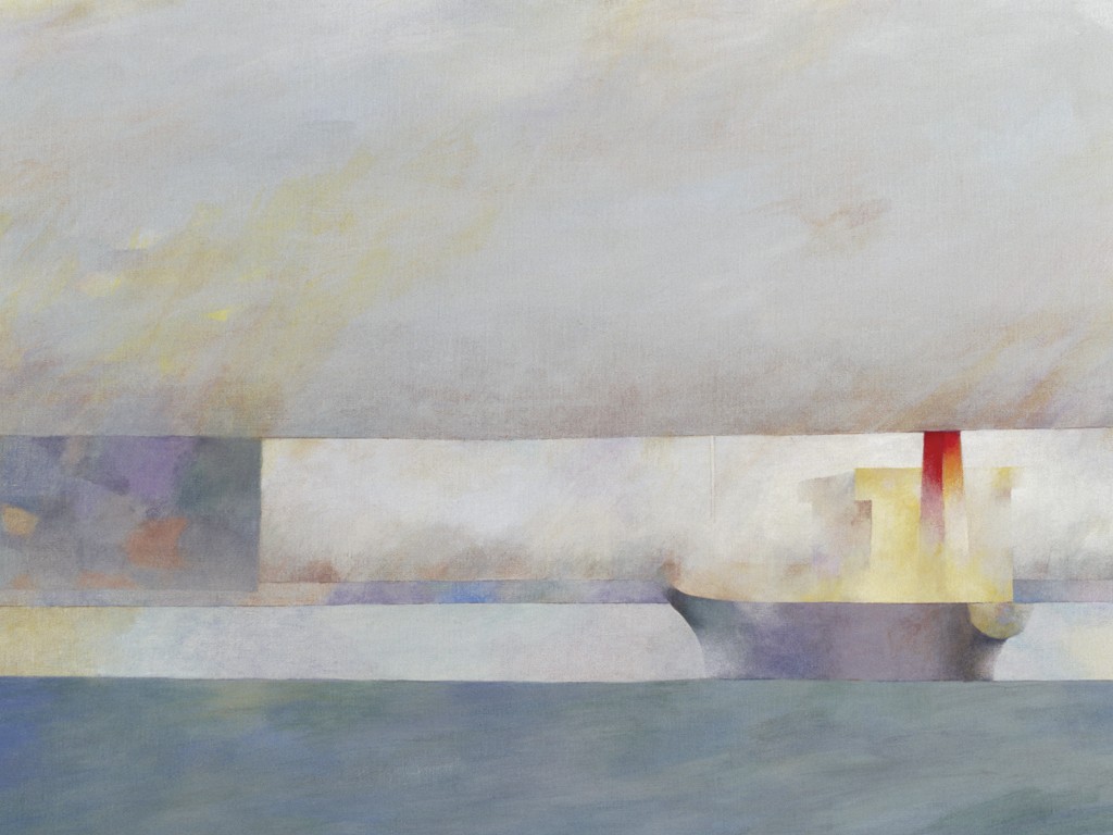 Felipe Mercadal, States of the light one evening of May (Abstrakt, Malerei, Horizontale, Streifen, Meer, Boot,  modern, Wohnzimmer, Treppenhaus, Büro, bunt)
