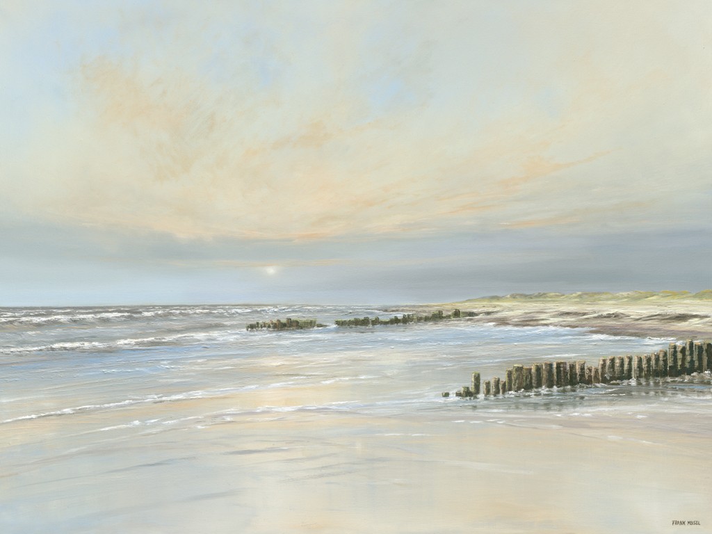 Frank Meisel, Vor der Flut I (Sonnenuntergang, Meer, Strand, Poller, Wellenbrecher, Horizont, Meerebrise, Stimmung, Schlafzimmer, Wohnzimmer, Malerei, bunt)