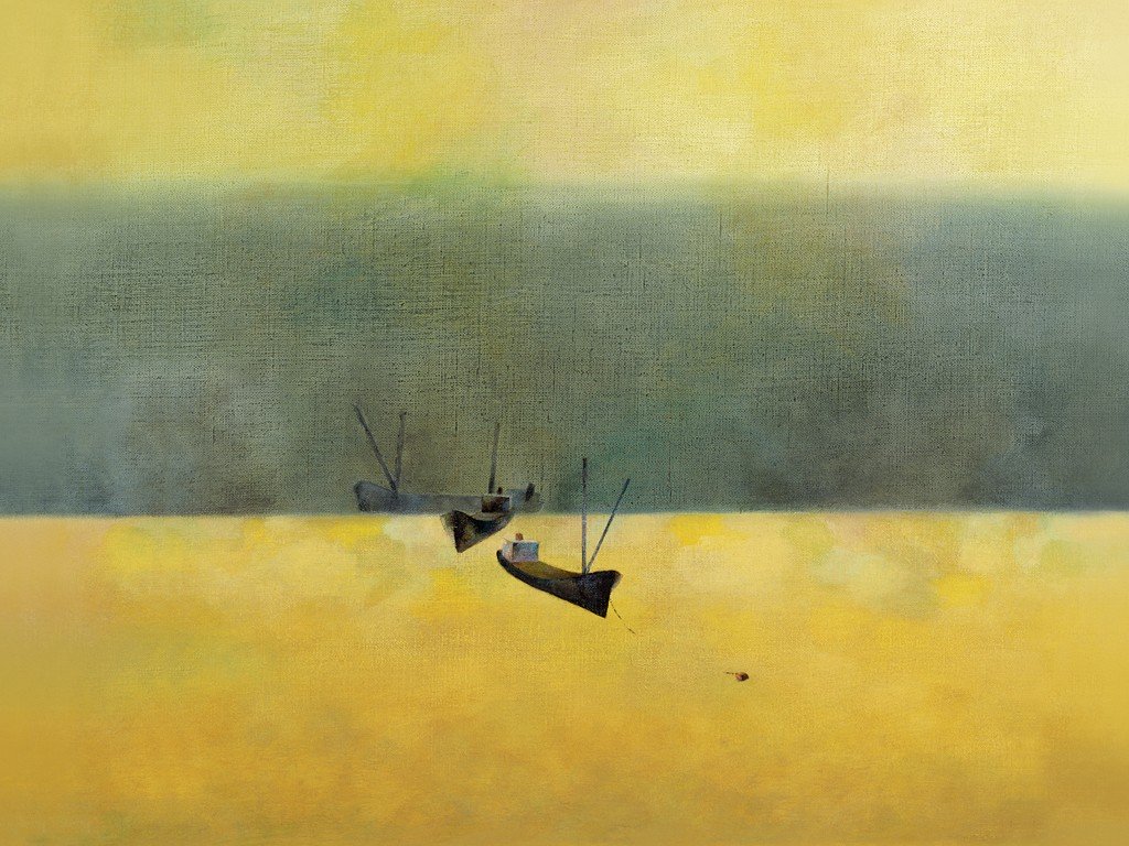 Felipe Mercadal, Sunset In Autumn (Abstrakt, Malerei , Horizontale, Streifen, Balken,Strand, Boote, Herbst, modern, Wohnzimmer, Treppenhaus, Büro, gold/grau)