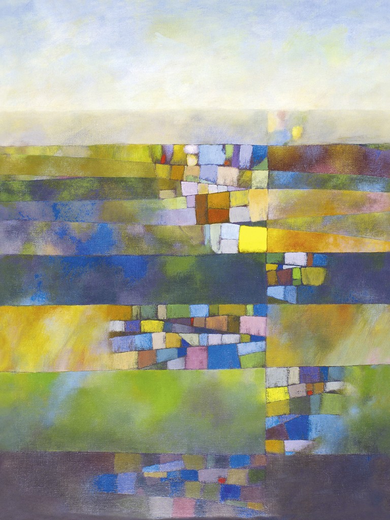 Felipe Mercadal, From My Window III: Early Spring (Abstrakt, Malerei, Mosaik, geometrische Muster,  modern, Wohnzimmer, Treppenhaus, Büro, bunt)