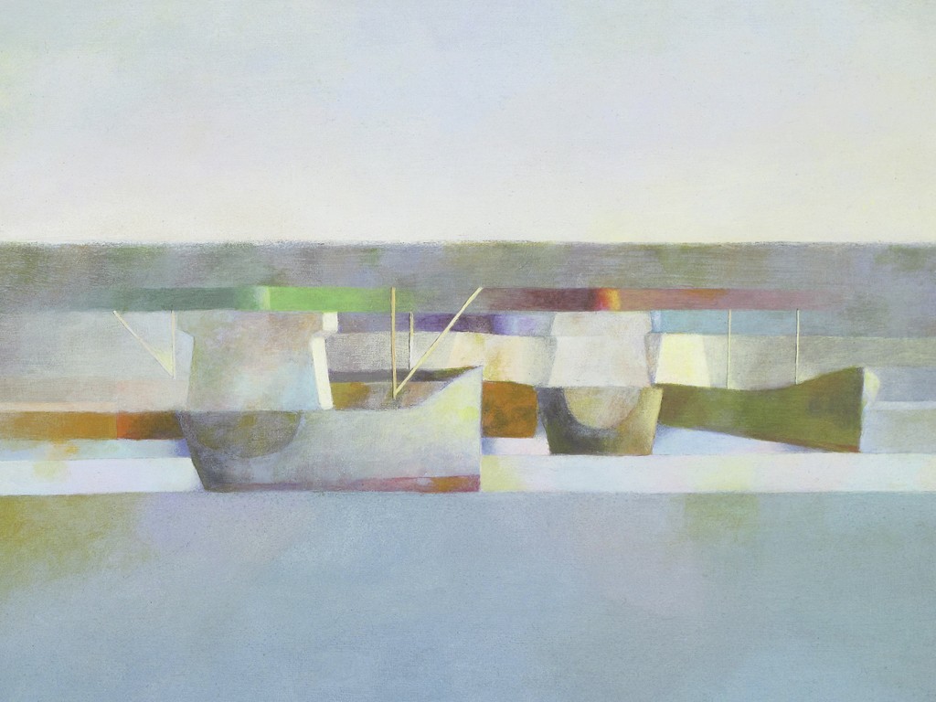 Felipe Mercadal, The meeting of the ships (Abstrakt, Malerei, Horizontale, Streifen, Meer, Boote,  modern, Wohnzimmer, Treppenhaus, Büro, bunt)