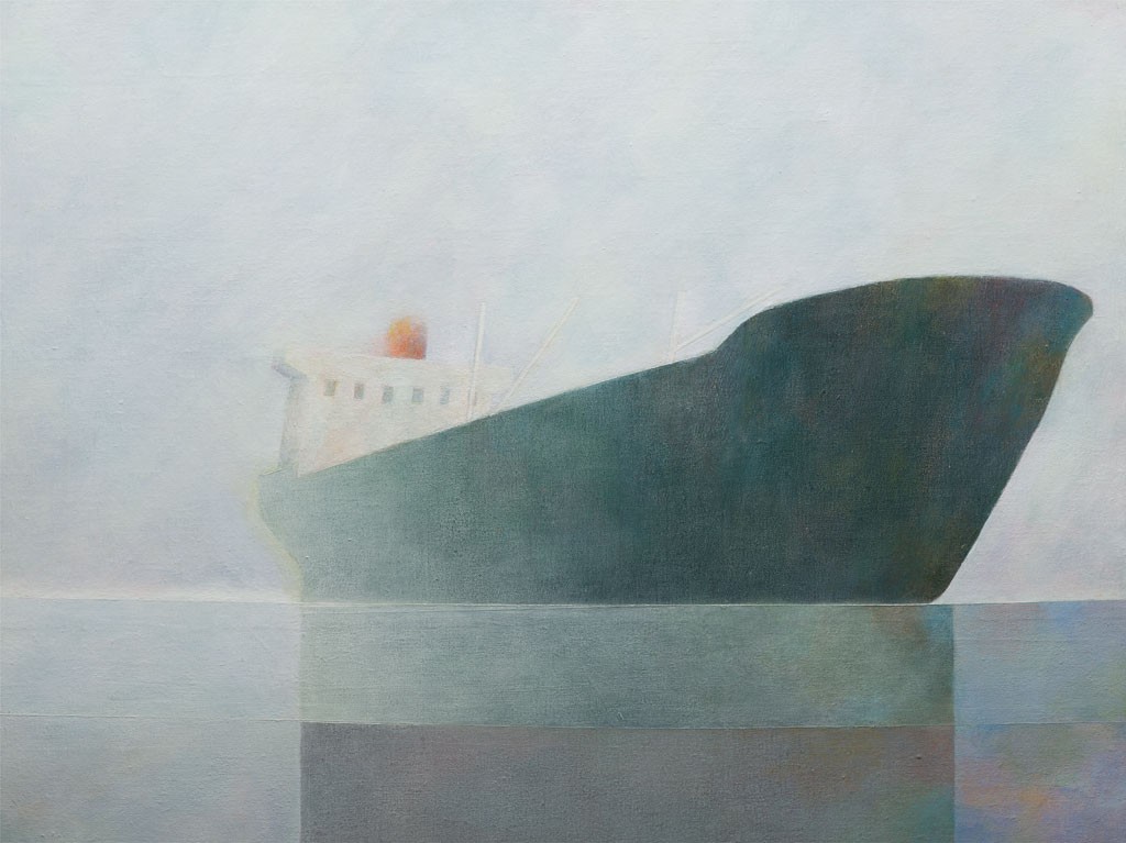 Felipe Mercadal, Barco varado en la arena (Abstrakt, Malerei, Horizontale, Streifen, Meer, Schiff, Spiegelungen, Nebel, diffus, modern, Wohnzimmer, Treppenhaus, Büro, bunt)